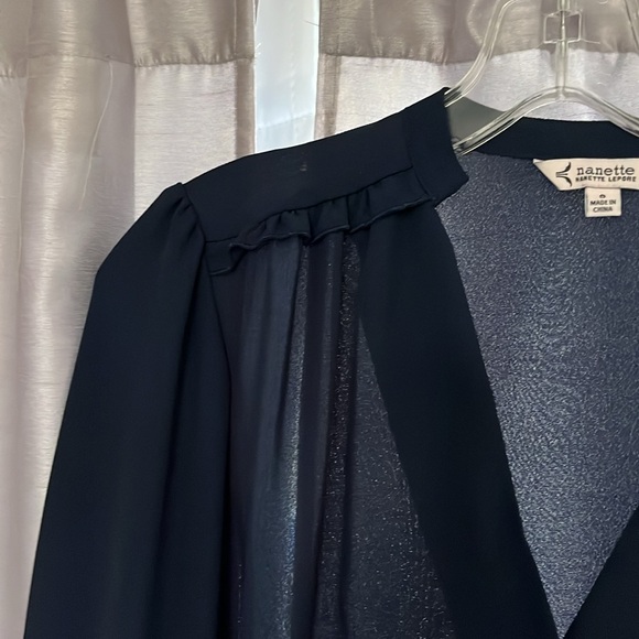 Nanette Lepore S navy blue blouses neck long sleeve with ruching pleated should - Picture 3 of 12